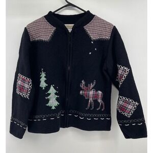 Coldwater Creek Womens Wool Zip Cardigan Moose Pine Tree Plaid Patchwork Black L